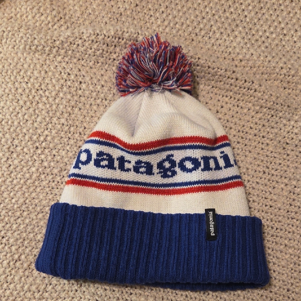 Patagonia Kids' Blue and White Pom-Pom Beanie